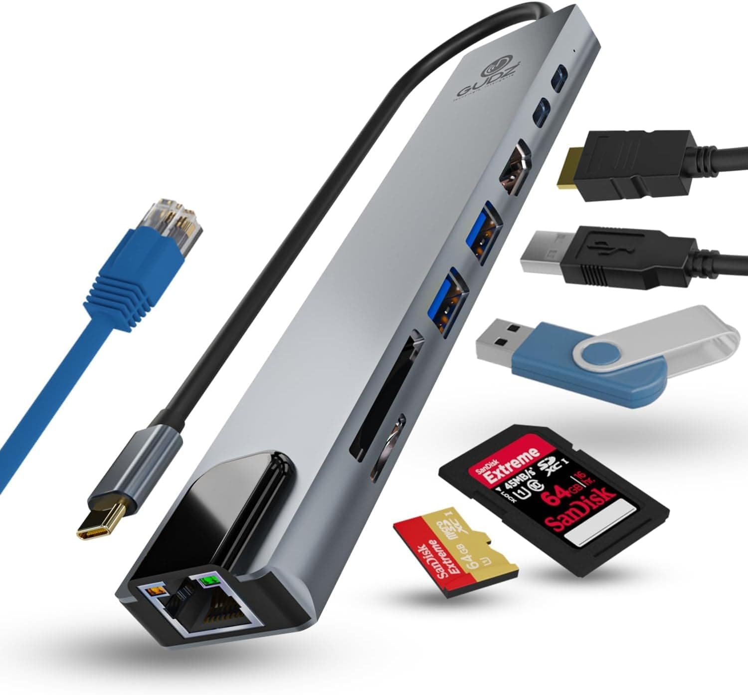 قارئ بطاقات SD 8 في 1 HDMI 4K RJ45 من جودز، موزع محول