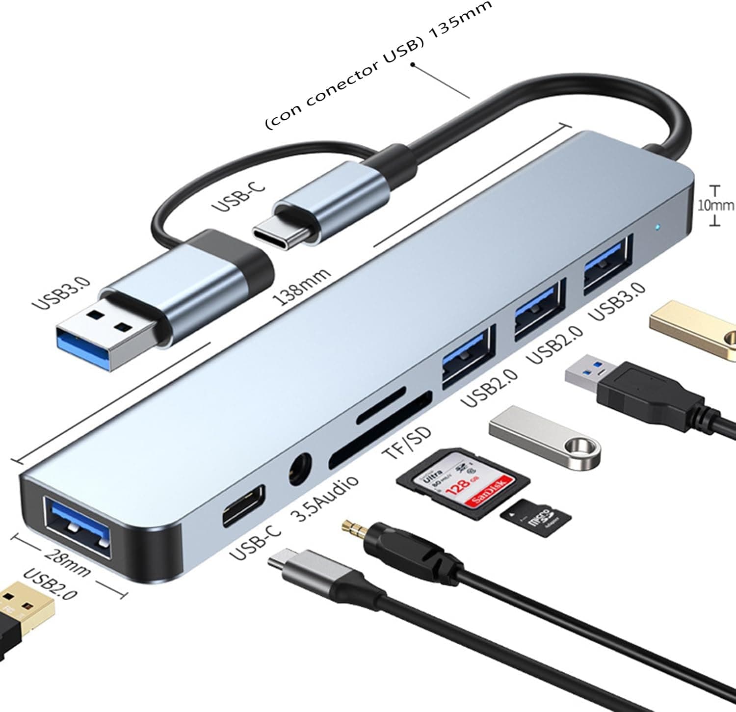 موزع USB C، محول USB C 8 في 1، USB 3.0، 3 منافذ USB